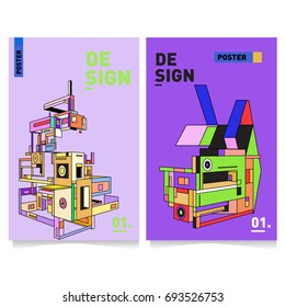 Flat color covers set. Abstract colorful geometric 3d with typography design template. Trendy poster design and colorful theme. 