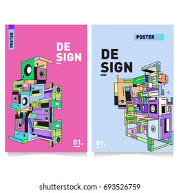Flat color covers set. Abstract colorful geometric 3d with typography design template. Trendy poster design and colorful theme. 
