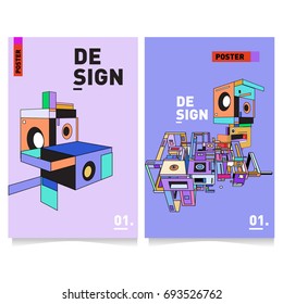 Flat color covers set. Abstract colorful geometric 3d with typography design template. Trendy poster design and colorful theme. 