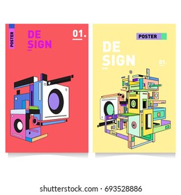 Flat color covers set. Abstract colorful geometric 3d with typography design template. Trendy poster design and colorful theme. 