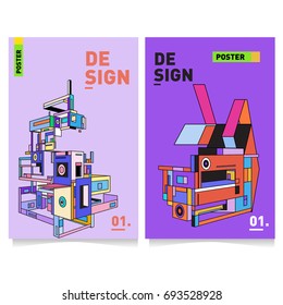 Flat color covers set. Abstract colorful geometric 3d with typography design template. Trendy poster design and colorful theme. 