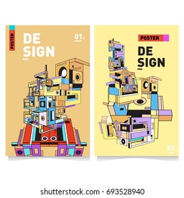 Flat color covers set. Abstract colorful geometric 3d with typography design template. Trendy poster design and colorful theme. 