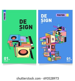 Flat color covers set. Abstract colorful geometric 3d with typography design template. Trendy poster design and colorful theme. 