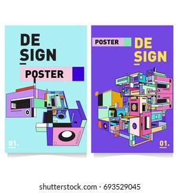 Flat color covers set. Abstract colorful geometric 3d with typography design template. Trendy poster design and colorful theme. 