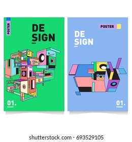 Flat color covers set. Abstract colorful geometric 3d with typography design template. Trendy poster design and colorful theme. 