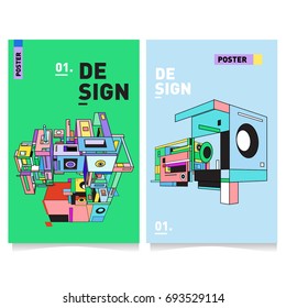 Flat color covers set. Abstract colorful geometric 3d with typography design template. Trendy poster design and colorful theme. 