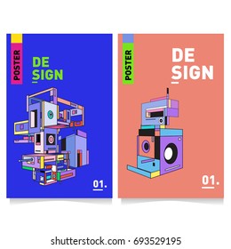 Flat color covers set. Abstract colorful geometric 3d with typography design template. Trendy poster design and colorful theme. 