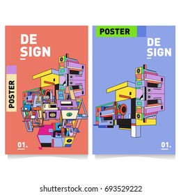 Flat color covers set. Abstract colorful geometric 3d with typography design template. Trendy poster design and colorful theme. 
