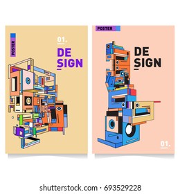 Flat color covers set. Abstract colorful geometric 3d with typography design template. Trendy poster design and colorful theme. 