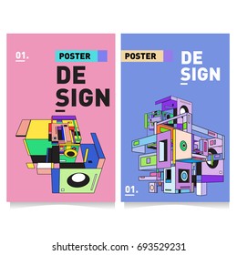 Flat color covers set. Abstract colorful geometric 3d with typography design template. Trendy poster design and colorful theme. 