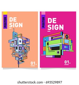 Flat color covers set. Abstract colorful geometric 3d with typography design template. Trendy poster design and colorful theme. 