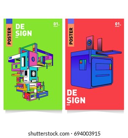 Flat color covers set. Abstract colorful geometric 3d with typography design template. Trendy poster design and colorful theme. 