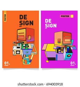 Flat color covers set. Abstract colorful geometric 3d with typography design template. Trendy poster design and colorful theme. 