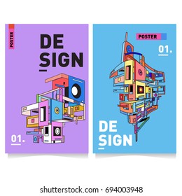 Flat color covers set. Abstract colorful geometric 3d with typography design template. Trendy poster design and colorful theme. 
