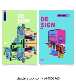 Flat color covers set. Abstract colorful geometric 3d with typography design template. Trendy poster design and colorful theme. 