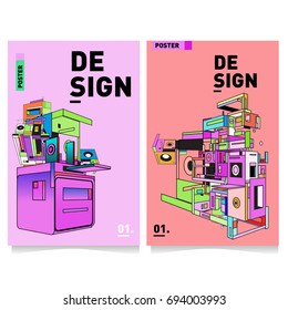 Flat color covers set. Abstract colorful geometric 3d with typography design template. Trendy poster design and colorful theme. 