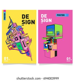 Flat color covers set. Abstract colorful geometric 3d with typography design template. Trendy poster design and colorful theme. 