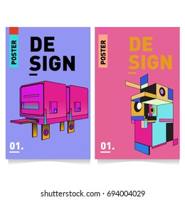 Flat color covers set. Abstract colorful geometric 3d with typography design template. Trendy poster design and colorful theme. 
