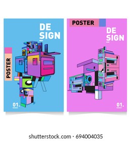 Flat color covers set. Abstract colorful geometric 3d with typography design template. Trendy poster design and colorful theme. 