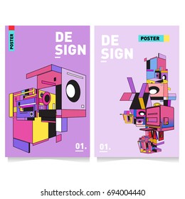 Flat color covers set. Abstract colorful geometric 3d with typography design template. Trendy poster design and colorful theme. 