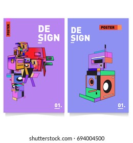 Flat color covers set. Abstract colorful geometric 3d with typography design template. Trendy poster design and colorful theme. 