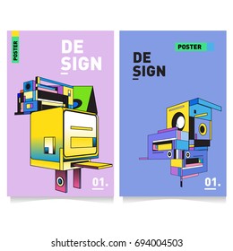 Flat color covers set. Abstract colorful geometric 3d with typography design template. Trendy poster design and colorful theme. 