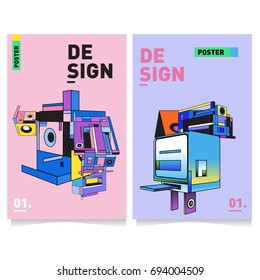 Flat color covers set. Abstract colorful geometric 3d with typography design template. Trendy poster design and colorful theme. 