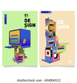 Flat color covers set. Abstract colorful geometric 3d with typography design template. Trendy poster design and colorful theme. 