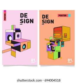 Flat color covers set. Abstract colorful geometric 3d with typography design template. Trendy poster design and colorful theme. 