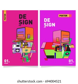 Flat color covers set. Abstract colorful geometric 3d with typography design template. Trendy poster design and colorful theme. 