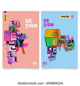 Flat color covers set. Abstract colorful geometric 3d with typography design template. Trendy poster design and colorful theme. 