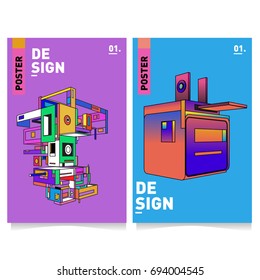 Flat color covers set. Abstract colorful geometric 3d with typography design template. Trendy poster design and colorful theme. 
