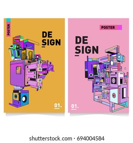 Flat color covers set. Abstract colorful geometric 3d with typography design template. Trendy poster design and colorful theme. 