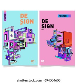 Flat color covers set. Abstract colorful geometric 3d with typography design template. Trendy poster design and colorful theme. 