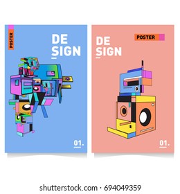 Flat color covers set. Abstract colorful geometric 3d with typography design template. Trendy poster design and colorful theme. 