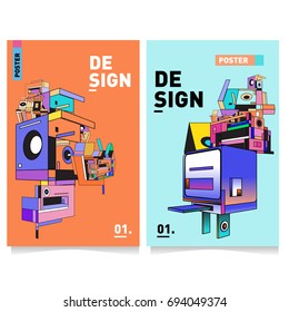 Flat color covers set. Abstract colorful geometric 3d with typography design template. Trendy poster design and colorful theme. 