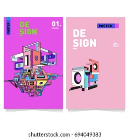 Flat color covers set. Abstract colorful geometric 3d with typography design template. Trendy poster design and colorful theme. 