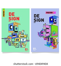 Flat color covers set. Abstract colorful geometric 3d with typography design template. Trendy poster design and colorful theme. 