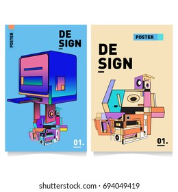Flat color covers set. Abstract colorful geometric 3d with typography design template. Trendy poster design and colorful theme. 