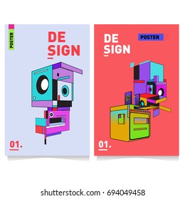 Flat color covers set. Abstract colorful geometric 3d with typography design template. Trendy poster design and colorful theme. 