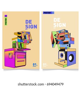 Flat color covers set. Abstract colorful geometric 3d with typography design template. Trendy poster design and colorful theme. 