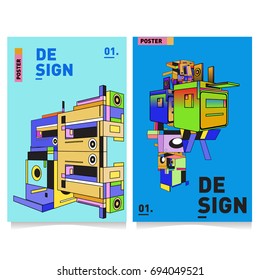 Flat color covers set. Abstract colorful geometric 3d with typography design template. Trendy poster design and colorful theme. 