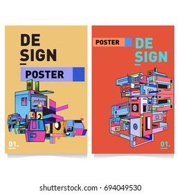 Flat color covers set. Abstract colorful geometric 3d with typography design template. Trendy poster design and colorful theme. 