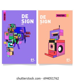 Flat color covers set. Abstract colorful geometric 3d with typography design template. Trendy poster design and colorful theme. 