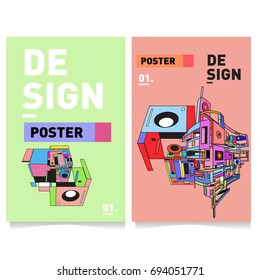 Flat color covers set. Abstract colorful geometric 3d with typography design template. Trendy poster design and colorful theme. 
