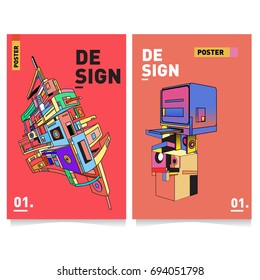 Flat color covers set. Abstract colorful geometric 3d with typography design template. Trendy poster design and colorful theme. 