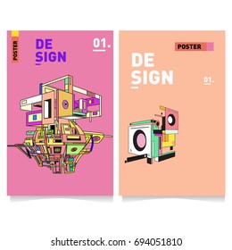 Flat color covers set. Abstract colorful geometric 3d with typography design template. Trendy poster design and colorful theme. 