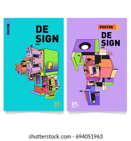 Flat color covers set. Abstract colorful geometric 3d with typography design template. Trendy poster design and colorful theme. 