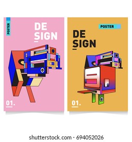 Flat color covers set. Abstract colorful geometric 3d with typography design template. Trendy poster design and colorful theme. 