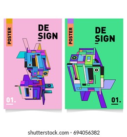 Flat color covers set. Abstract colorful geometric 3d with typography design template. Trendy poster design and colorful theme. 
